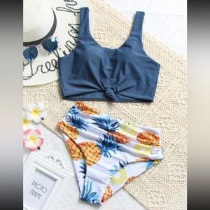Pineapple print knot hem ruched bikini swimsuit